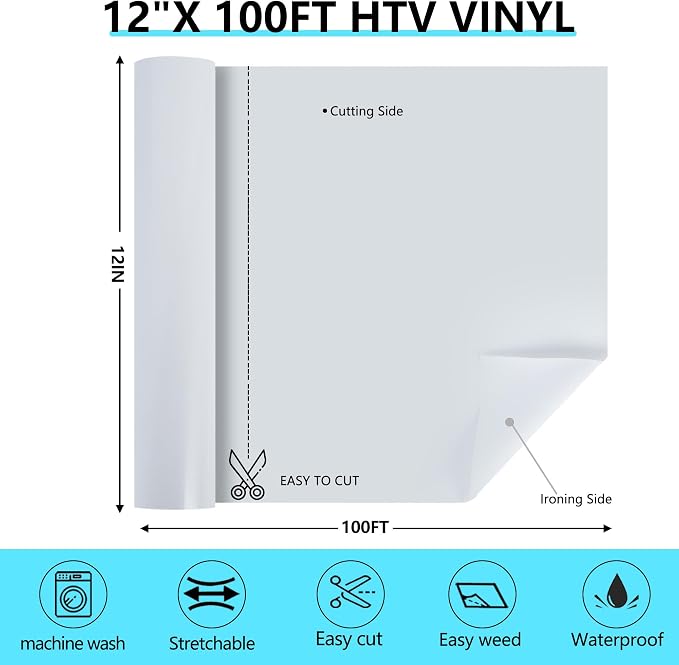 HTVVETUR White Iron on Vinyl Roll 12" x 100ft, HTV Heat Transfer Vinyl