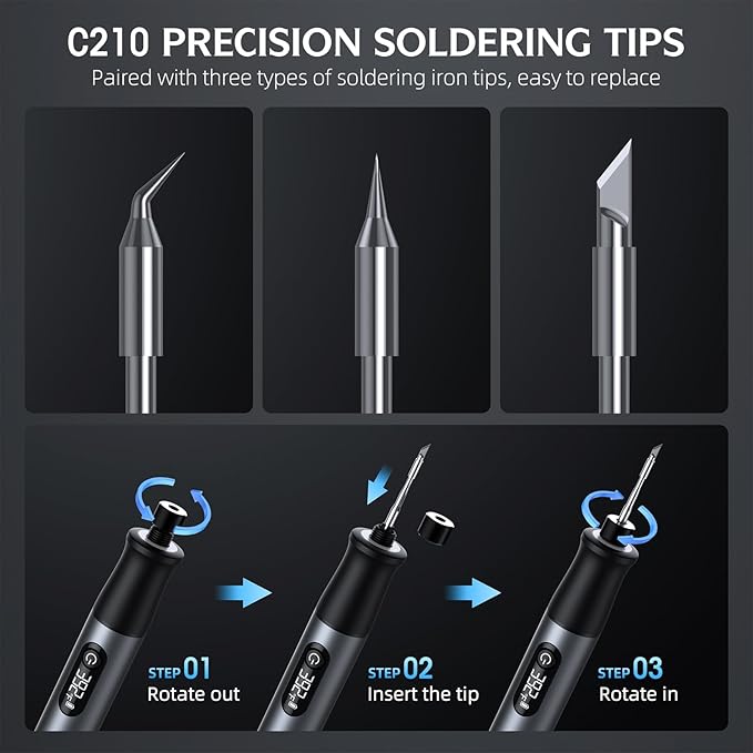 Cordless Soldering Iron Kit - 7s Fast Heating & Auto Sleep, Portable USB-C Rechargeable Welding Pen with 3 Tips (392°F/200°C to 842°F/450°C) for Electronics Repair/DIY/Circuit Board, Gunmental