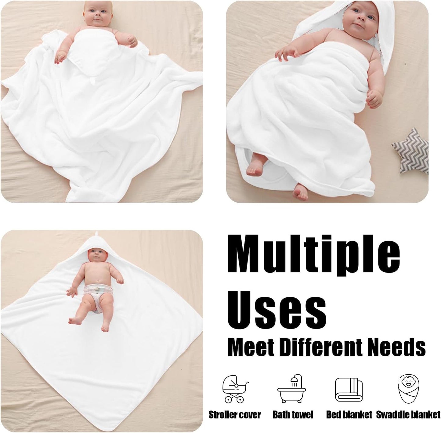 Hooded Baby Towels for Newborn 2 Pack,Extra Large 37.4 * 37.4Inch,Baby Essentials,Soft and Absorbent Hooded Towels for Babies,Toddler,Infant Bath Towel for Boy Girl,Grey and White.