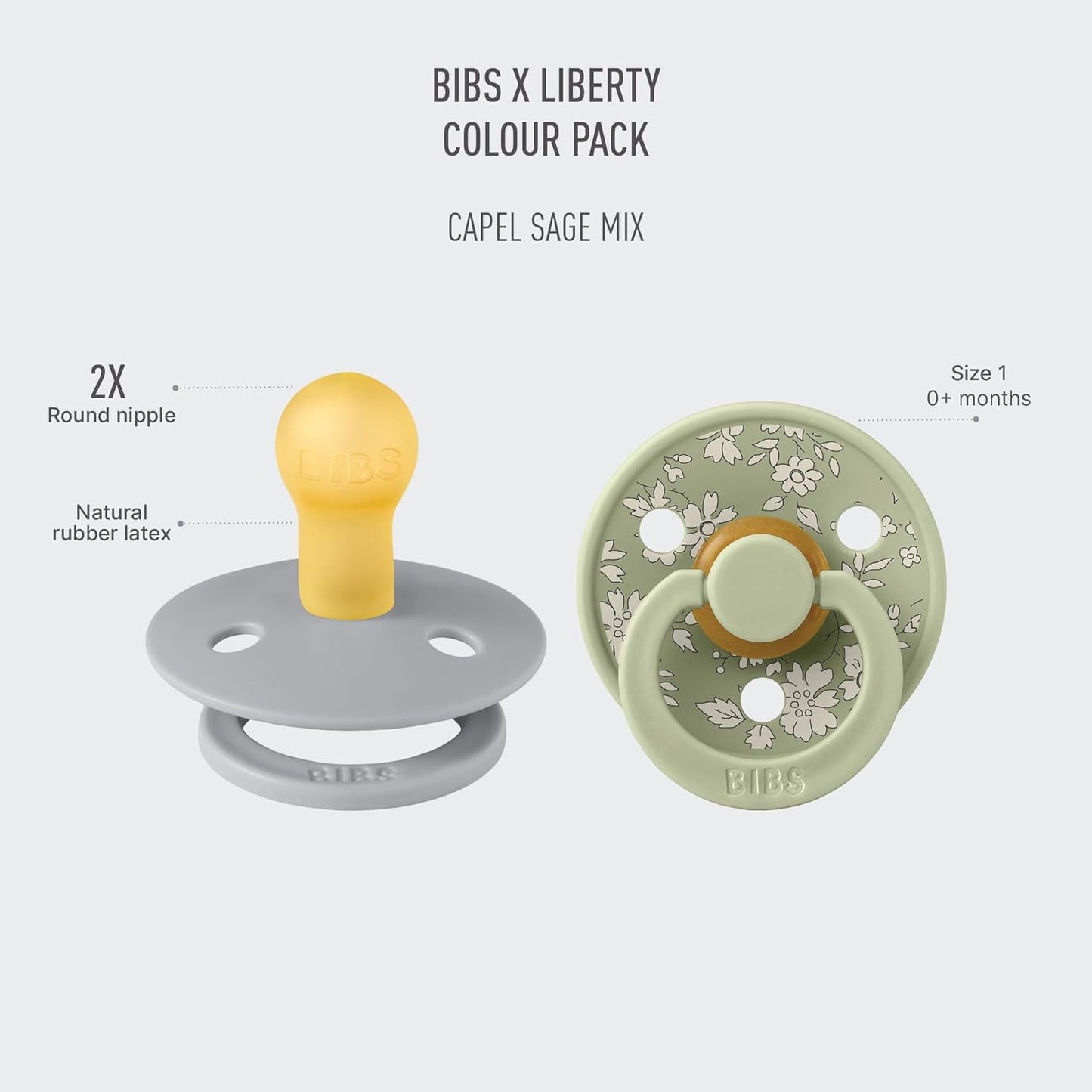 BIBS Colour Liberty Soother 2-Pack, BPA Free Dummy Pacifier, Round Nipple. Natural Rubber Latex, Made in Denmark, Size 1 (0-6 Months), Capel Sage