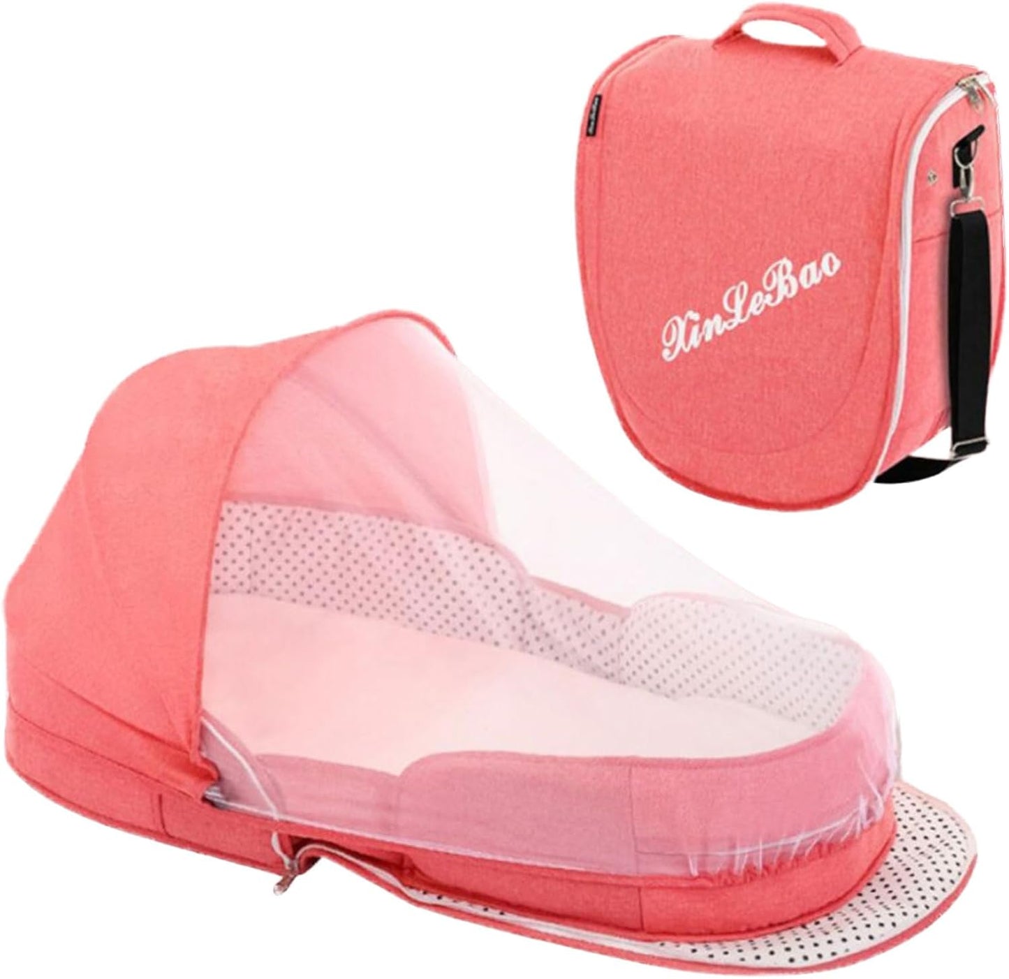 Folding Baby Travel Bassinet Portable Lightweight Travel Crib Baby Bed Co- Sleeper for Baby in Bed with Canopy and Mosquito Net (Pink, with Sunshade)