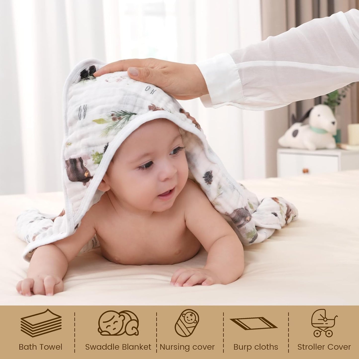 david's kids 2 Pack Hooded Baby Towels, 100% Muslin Cotton 6-Layer Ultra Soft Breathable Absorbent Baby Bath Towels for Infant and Toddler, Newborn Essentials, Large 32x32Inch, Woodland Animals