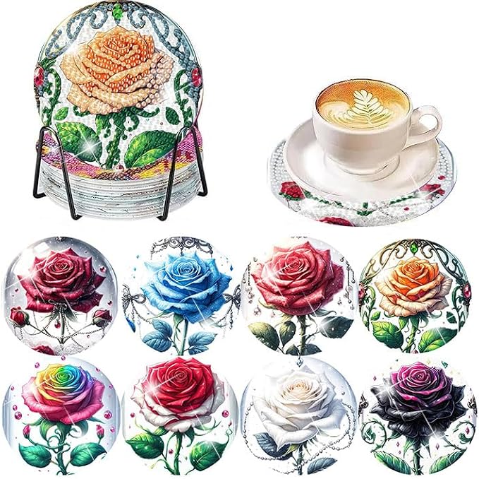 Axquilono 8 Pcs Rose Diamond Art Coasters Kit