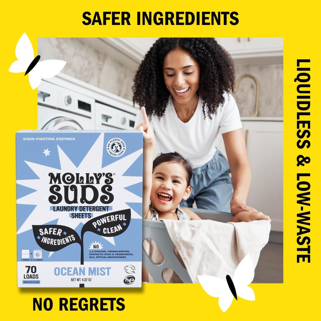 Molly’s Suds Laundry Detergent Sheets | Gentle on Sensitive Skin, Powerful Bio-Based Enzymes, Stain-Fighting | Liquidless & Plastic-Free Packaging | 70 Loads (Ocean Mist)