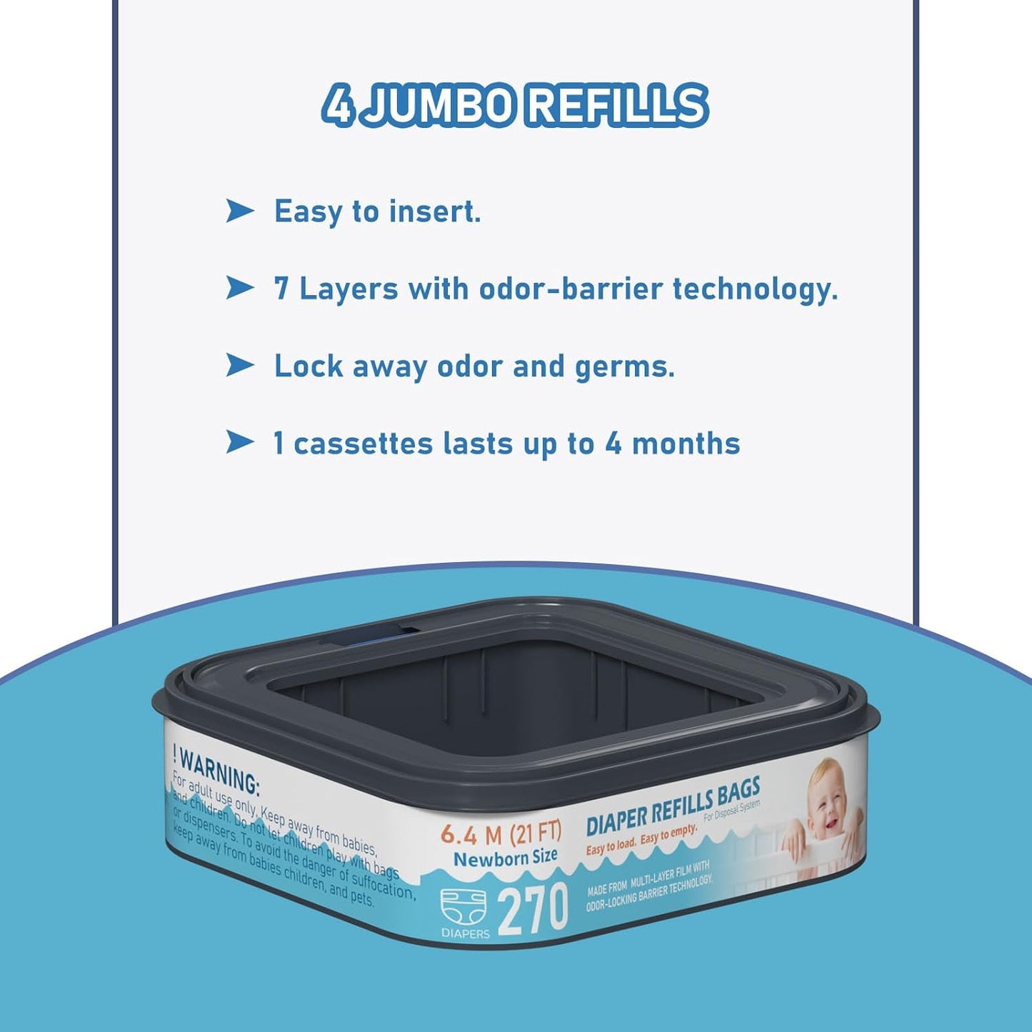 Standard Square Refills Disposal Bags Refill Compatible with Diaper Genie Classic, Compact and Select Pails, Hold Up to 270 Newborn-Sized Diapers Per Refill, Pack of 6
