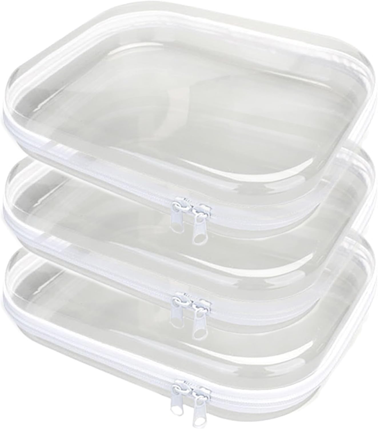 3PCS Clear Hard Plastic Zipper Case, Double Zippers Hard Pouch, Portable Travel Organizer Bin Clear Makeup Bag for Toy Storage, Snack Bag, Cosmetics, Pencil Case, Diaper Bag, Toiletry Bag