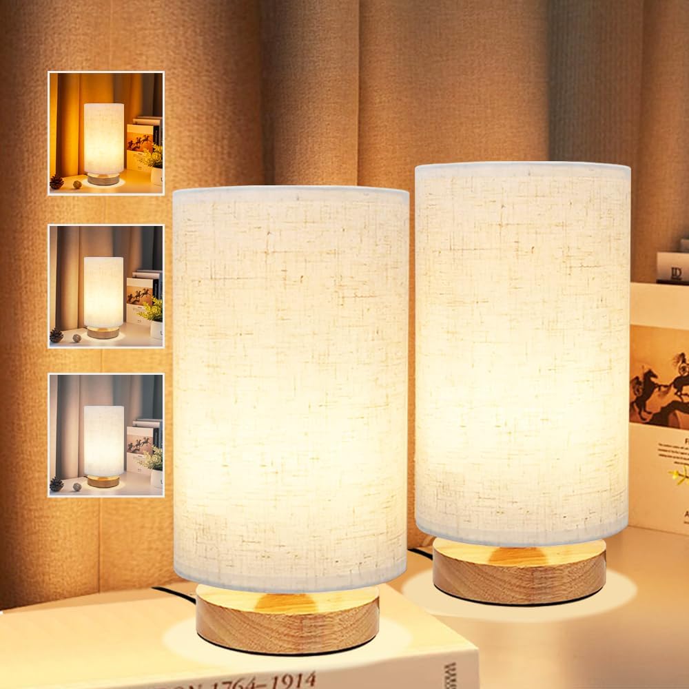 3-Color Adjustable Bedside Table Lamp for Bedroom Set of 2,Minimalist Wood Base&Round Fabric Shade,Cozy Lighting Nightstand Boho Lamp,Reading Desk Night Stand Light for Room,Office,kitchen,Nursery