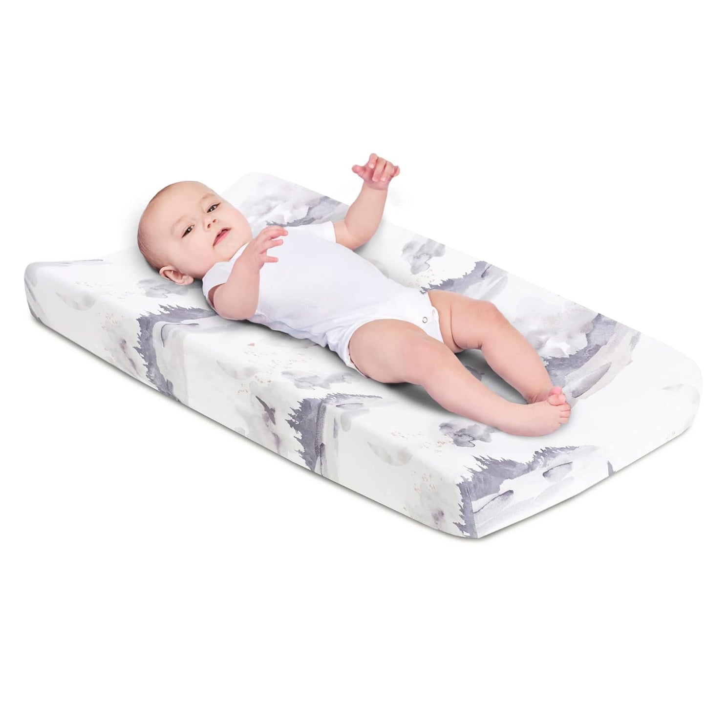 Oilo Changing Pad Cover, Breathable 100% Turkish Cotton Fitted Jersey, 300 Thread Count, Machine Washable, Fits Standard Changing Pads (32" x 16"), Girl, Boy, & Neutral Nursery Design, Misty Mountain