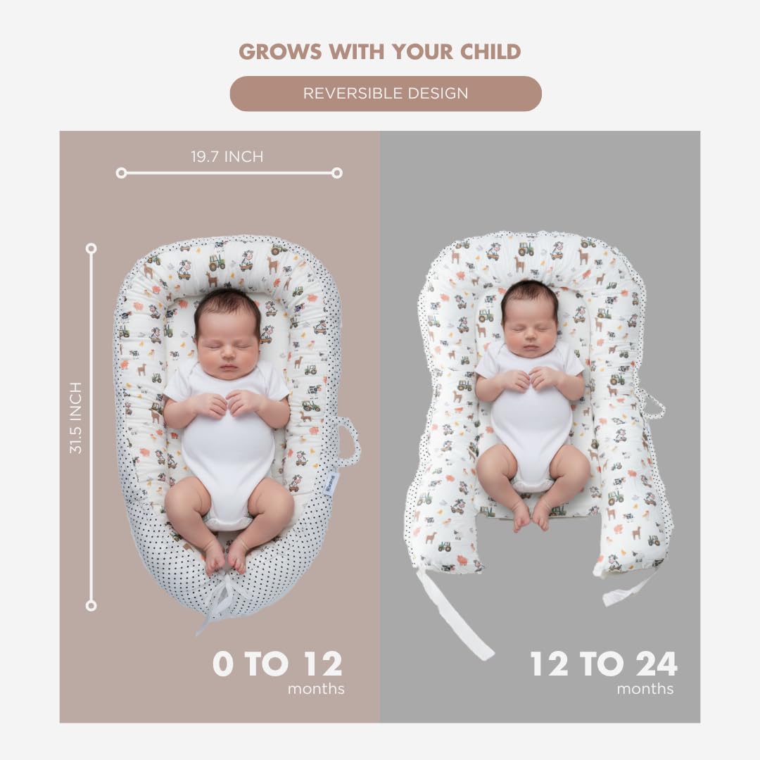 TKC Baby Lounger 0-24 Months | Adjustable Infant Lounger | Breathable Organic Cotton Cover | Reversible Farm Animal Pattern | Includes Matching Swaddle Blanket | Portable Baby Nest