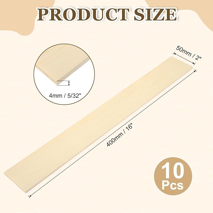 MECCANIXITY 10Pcs Wood Strips Slats, 5/32" x 2" x 16" Thin Wood Sticks Flat