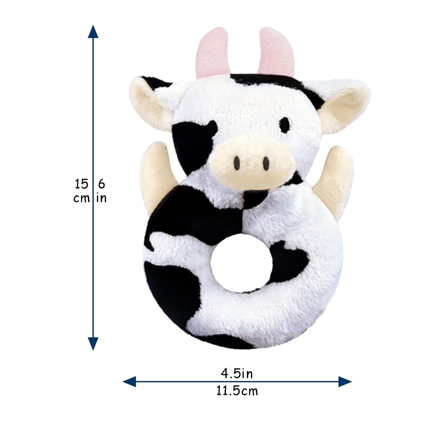 Baby Cow Soft Rattle Toy, Dairy Cattle Plush Infant Shaker Rattle Easy-Grasp Stuffed Animal Toy, Gifts for Newborns Babies Toddlers Boys Girls, Pink Horns, 6 Inches