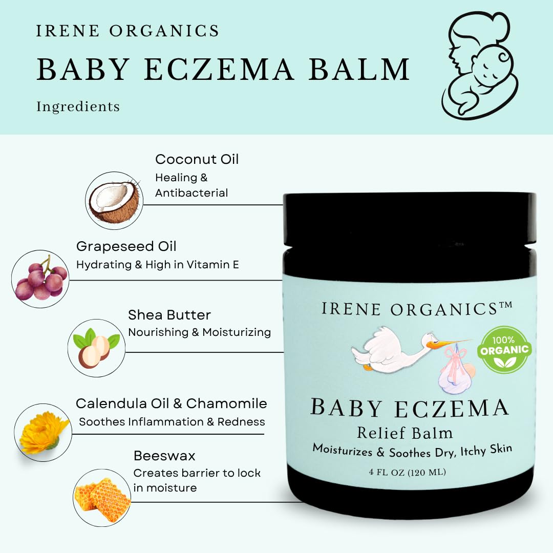 Irene Organics Baby Eczema Relief Balm, Healing Ointment Baby Moisturizing Cream for Eczema, Dry, Itchy Skin. Award Winning Baby Skincare for Sensitive Skin, Safe for Newborns, Kids and Adults