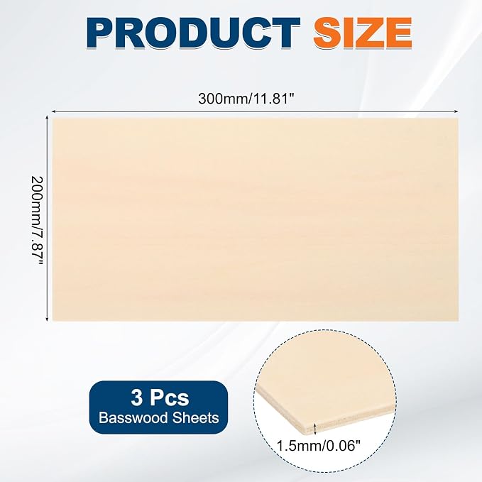 MECCANIXITY 3 Pcs Basswood Sheets 11.8 x 7.8 x 1/16 Inch Unfinished Wood Boards