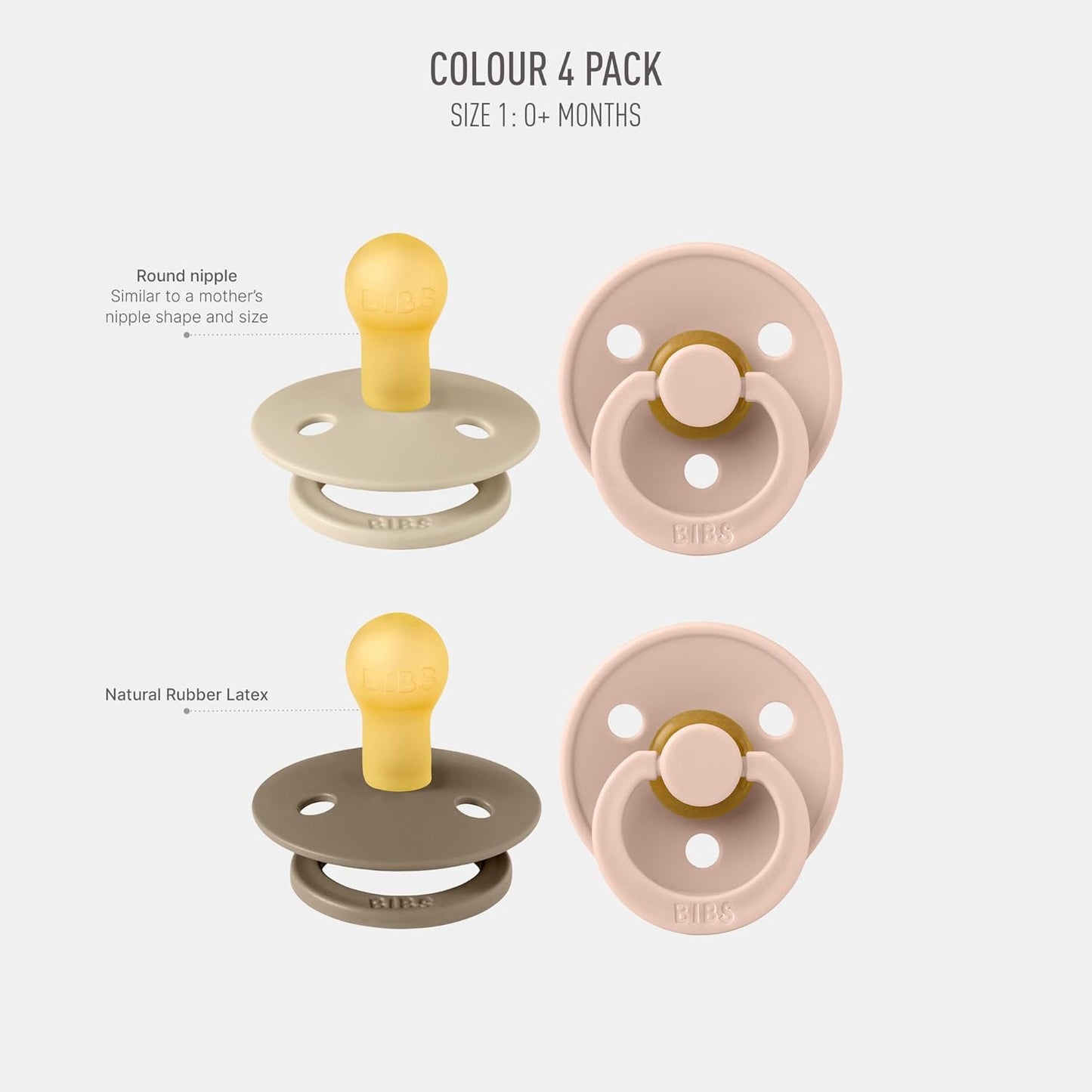 BIBS Pacifiers - Colour 4 Pack | Round Nipple Baby Pacifier | BPA Free Natural Rubber Latex Soother | Made in Denmark | Size 0-6 Months | Pink Colors