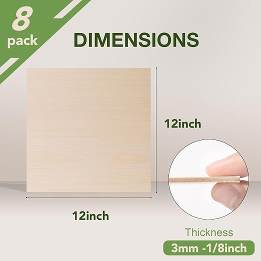Rowood 8 Pack Maple Plywood 1/8, 3mm Wood Sheets Thin Unfinished Maple Plywood