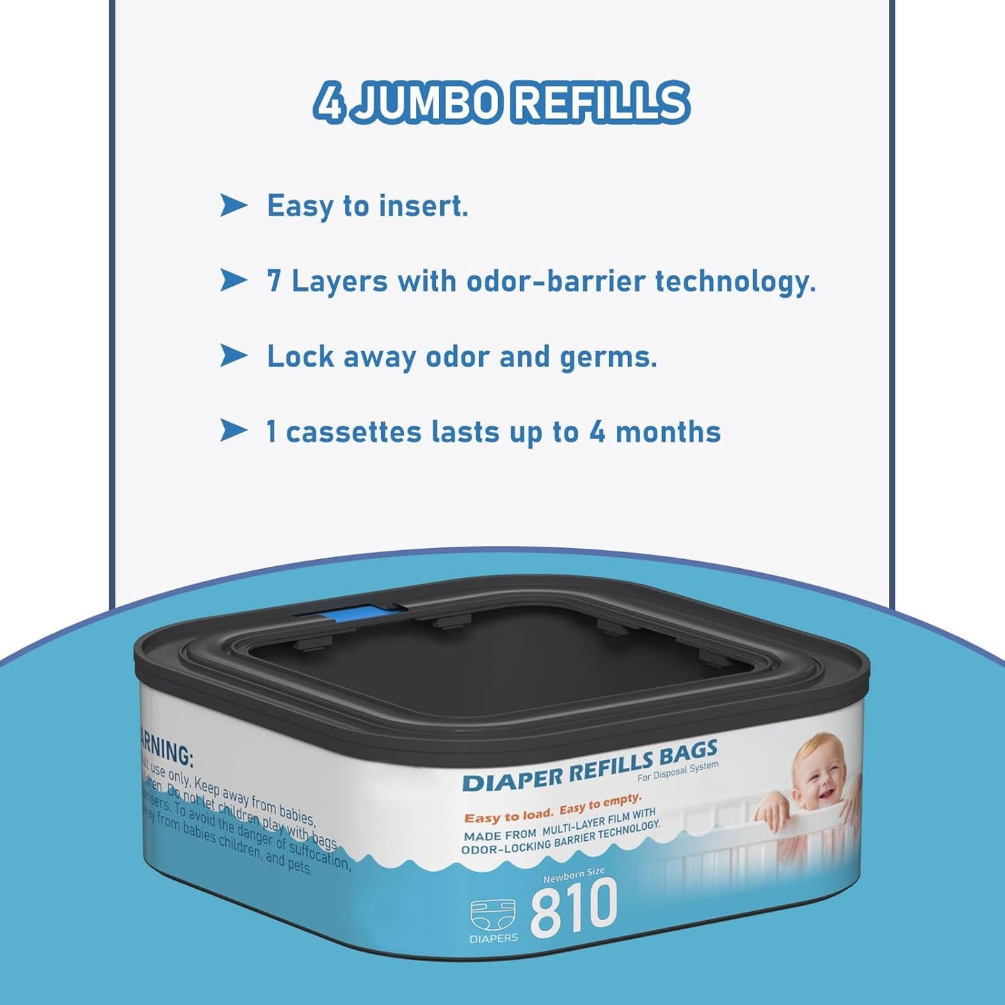 Jumbo Square Refills Disposal Bags Refill Compatible with Diaper Genie Classic, Compact and Select Pails, Hold Up to 810 Newborn-Sized Diapers Per Refill, Pack of 3