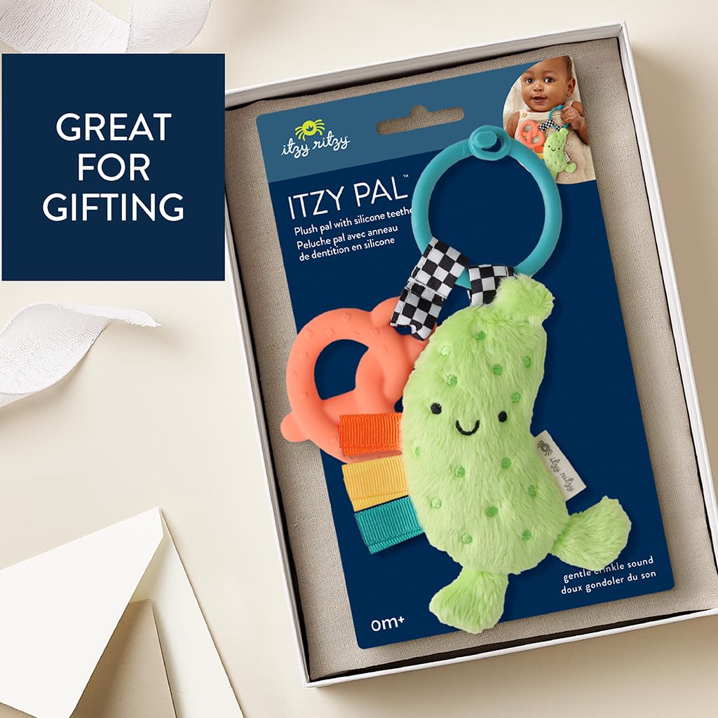 Itzy Ritzy Infant Toy & Teether - Itzy Pal Baby Teething Toy Includes Lovey, Crinkle Sound, Textured Ribbons & Silicone Teether for Newborn (Pickle)