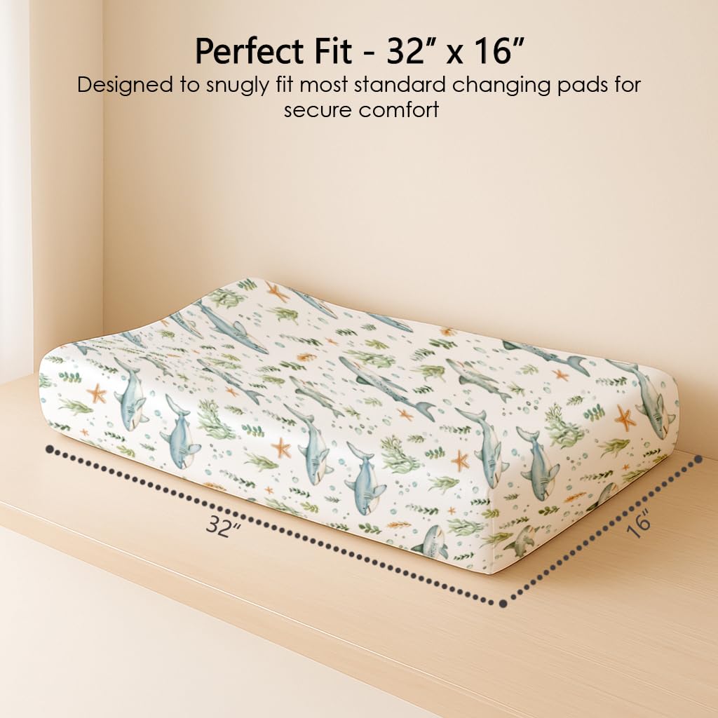 Changing Pad Cover for Baby Boys Girls 2 Pack, Fits Standard 32”×16” Changing Table Pads, Silky Breathable Stretch Knit, Machine Washable (Turtle & Shark)