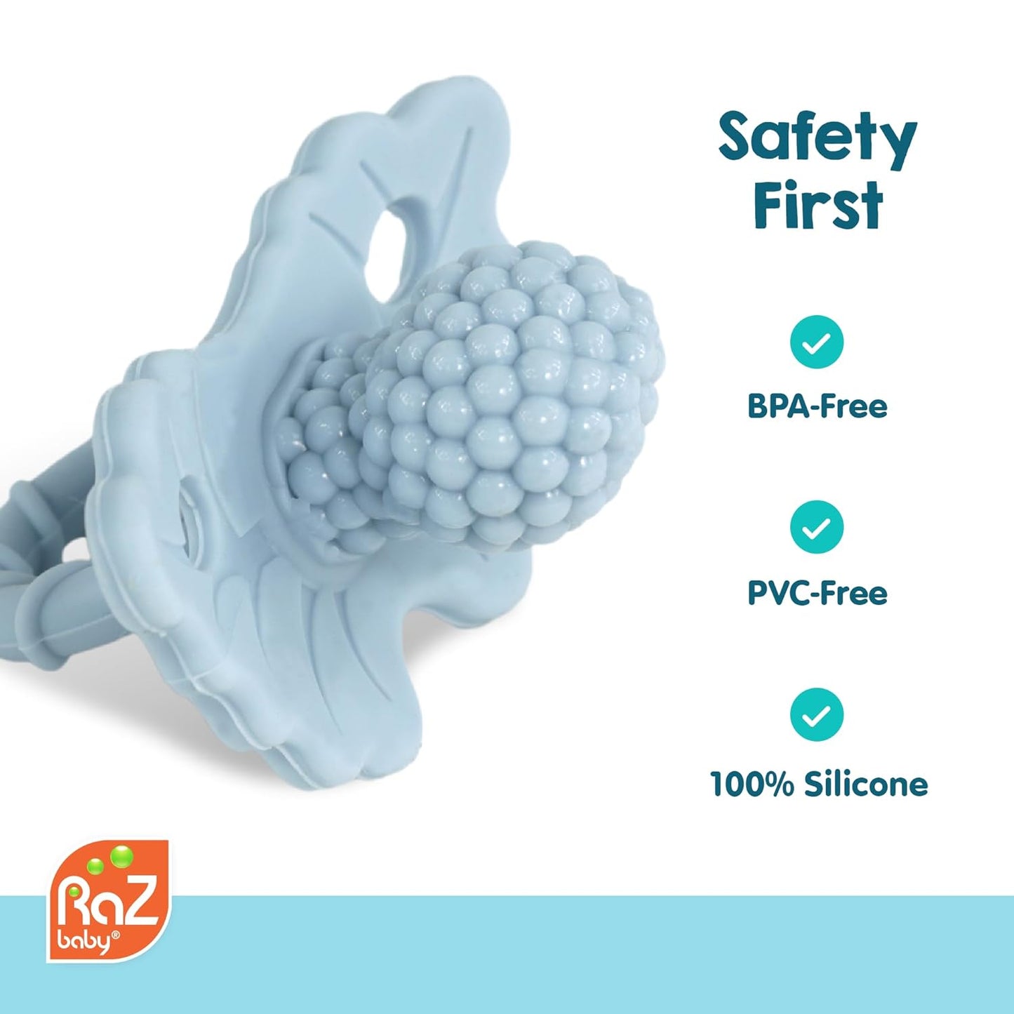 RaZbaby Cow RaZbuddy w/RaZberry Teething Relief Pacifier – Soothes Sore Gums w/Nature-Inspired Texture, 100% BPA-Free Silicone Teether, Detachable Stuffed Animal – 3 Months+ Teether, Grey