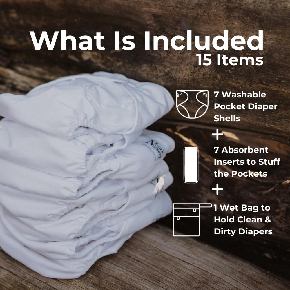 Nora's Nursery Cloth Diapers 7 Pack with 7 Inserts & 1 Wet Bag - Waterproof Cover, Washable, Reusable & One Size Adjustable Pocket Diapers for Newborns and Toddlers - Winter White