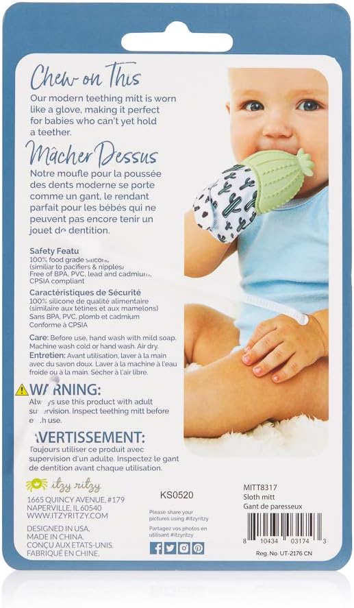 Itzy Ritzy Silicone Teething Mitt - Soothing Infant Teething Mitten with Adjustable Strap, Crinkle Sound & Textured Silicone to Soothe Sore & Swollen Gums - for Ages 3 Months & Up (Sloth)