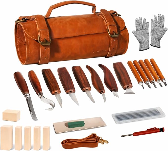 Deluxe Wood Carving Kit, High-Carbon Steel Knives, Safety Gloves, Woodworking