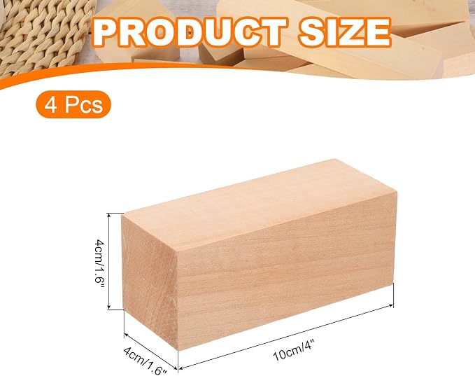 MECCANIXITY 4Pcs Basswood Carving Block, 1.6"x1.6"x4" Square Wooden Dowels