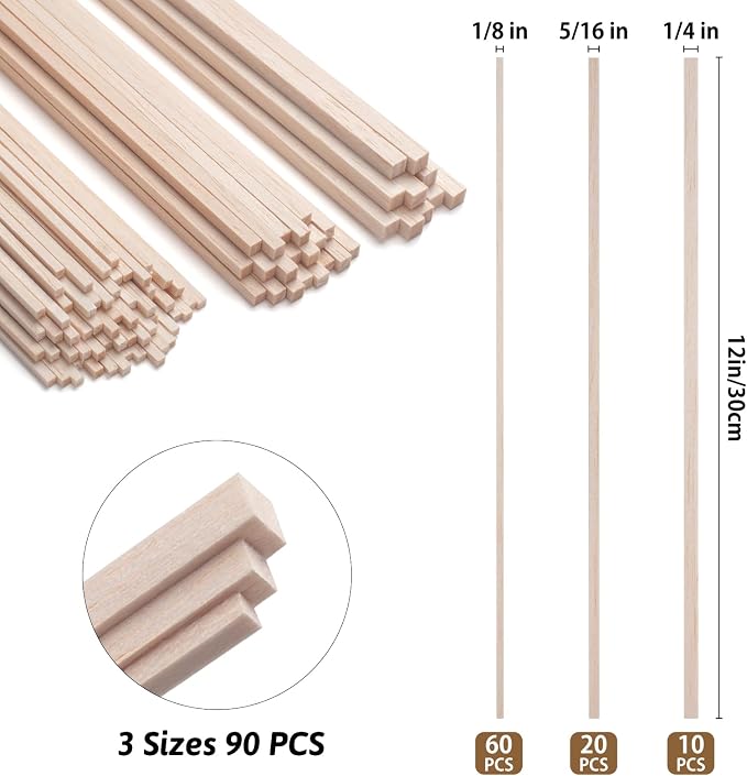 Balsa Wood Sticks for Crafts, Balsa Wood Strips 1/8 in+3/16 in+1/4 in,