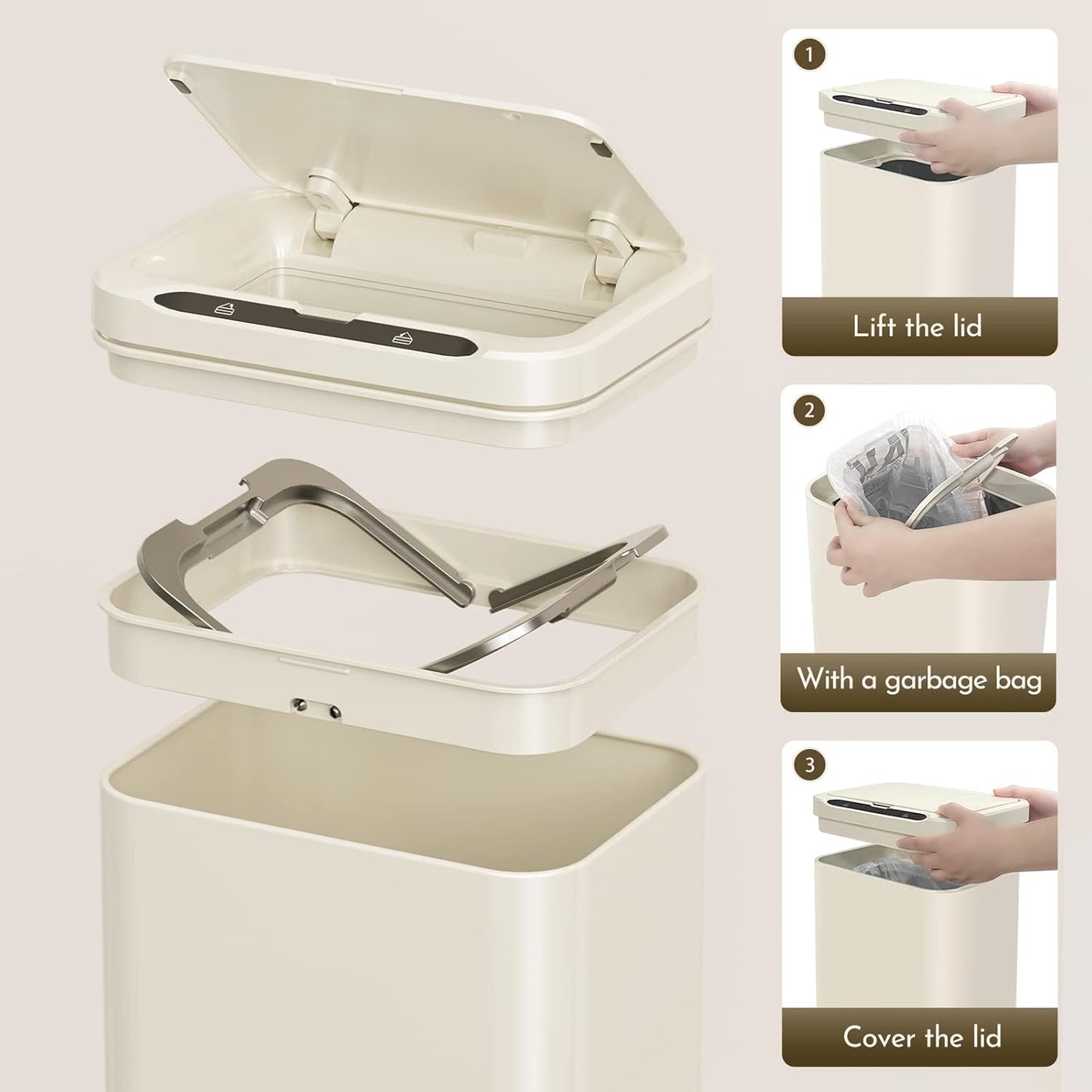 ELPHECO Stainless Steel Office Trash Can 6.6 Gallon Motion Sensor Garbage Bin Rectangular Automatic Touch Free Waste Bin for Hotel and Living Room(Cream Beige), 2AA