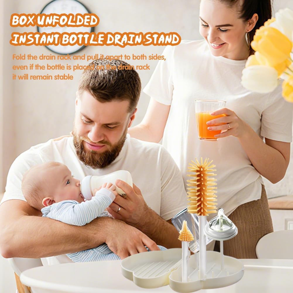7-in-1 Baby Bottle Brush Set with Silicone Nipple & Straw Brushes, Soap Dispenser, Foldable Drying Rack, Portable Case – for Home & Travel