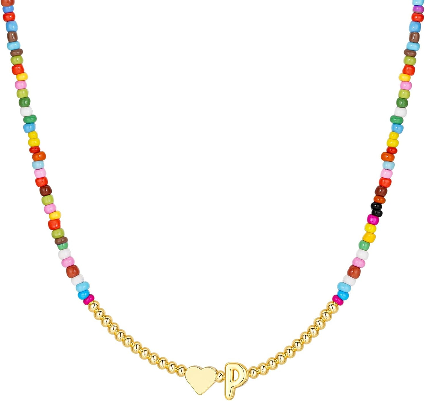 M MOOHAM Stocking Stuffers for Teen Girls Christmas Gifts - Heart Initial Necklaces for Women Kids Colorful Beaded Tiny Heart Initial Choker Necklace Jewelry for Teen Girls Trendy Birthday Gifts