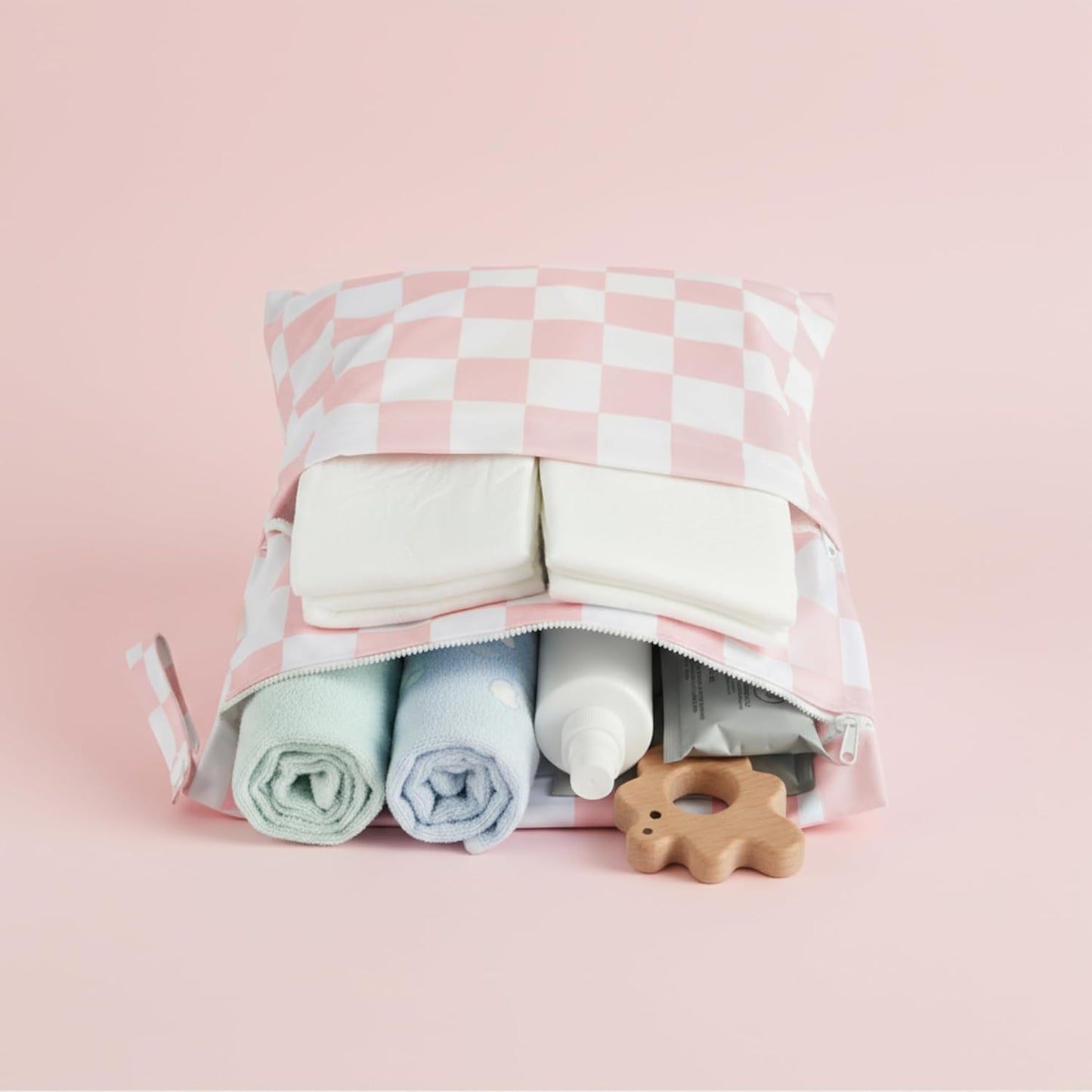 Pink Checkered Waterproof Wet Dy Diaper Bag for Baby Essentials, Travel, Swimsuit, Beach Bag Accessories, Aesthetic Trendy Cute Toddler Baby Cloth Bag Pouch, Pack of 2