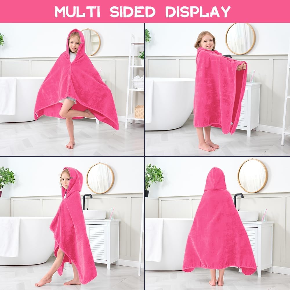 Hiturbo Kids Hooded Bath Towel: 100% Cotton Soft Thick Absorbent Towels Wrap - 50"x30" Shower Beach Pool Wearable Blanket for 3-12 Yrs Boys Girls - Pink