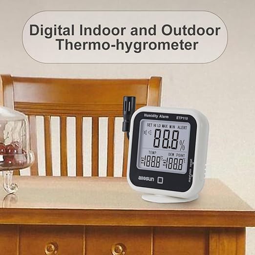 ALLOSUN Digital Thermometer Hygrometer Indoor Humidity Greenhouse Temperature Monitor Alarm Long Probe Gauge Dew-Point Meter with LCD Display