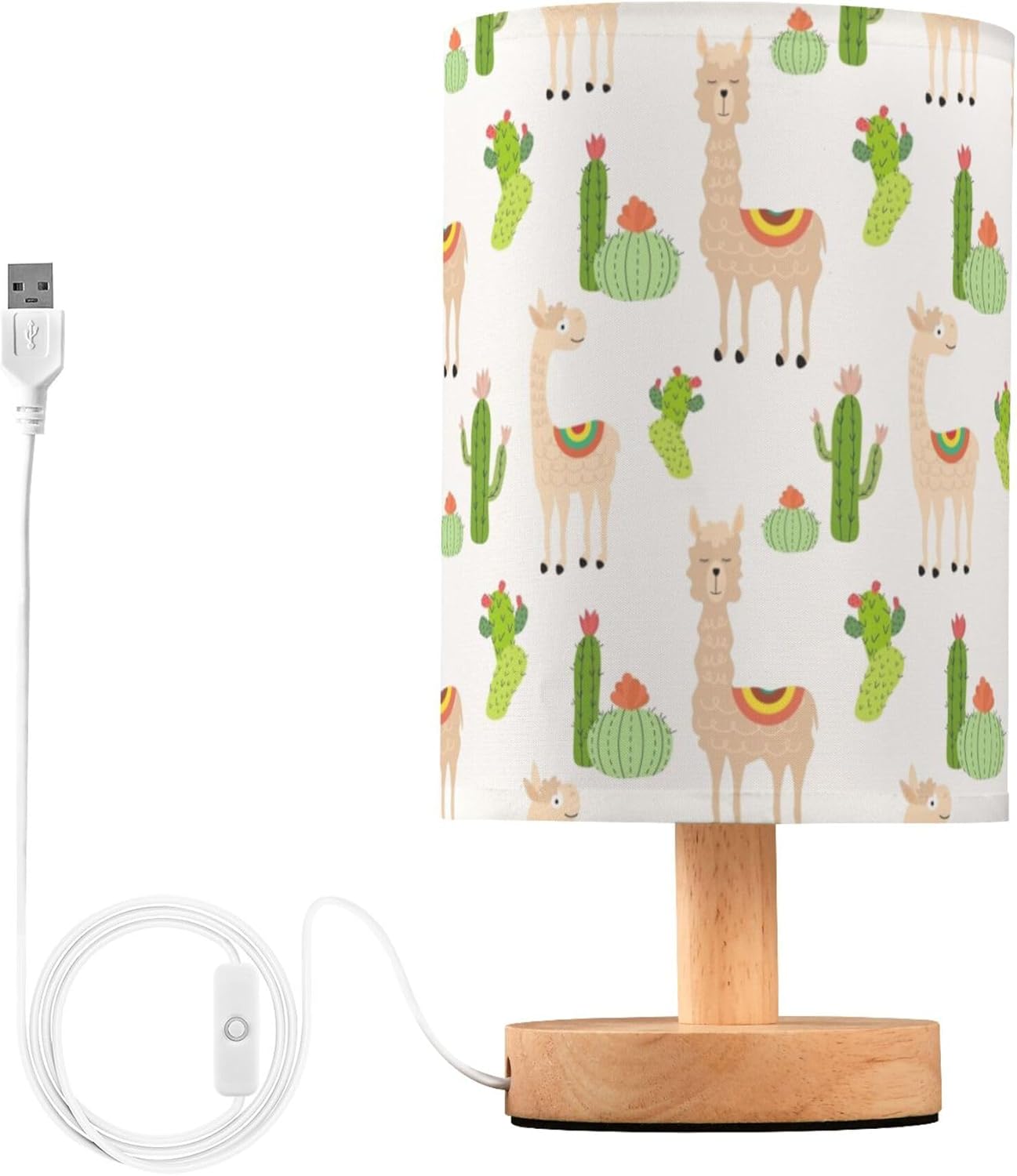 Table Lamp Llamas and Cactus Pattern Nightstand Lamp with Wood Base Fabric Lamp Shade Bedside Desk Lamp for Living Room Bedroom Kids Room Office
