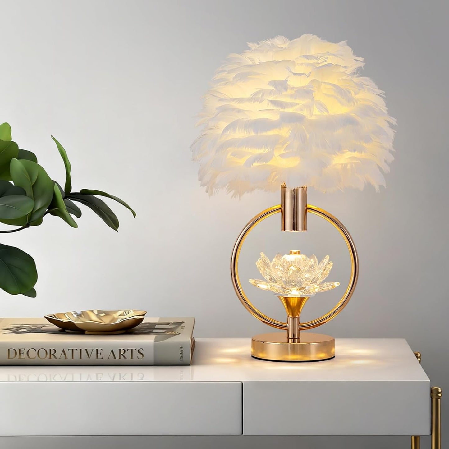 ZYLEIESENBAO Chic White Feather Lamp 17IN Modern Crystal Fluffy Table Lamp Cute Romantic Bedside Nightstand Light Nordic Furry Desk Lamp for Girl Bedroom Living Room Entry Office Hotel Party Wedding