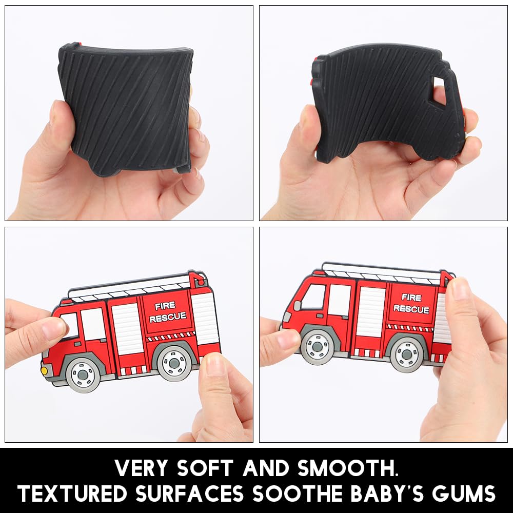 Baby Food Grade Silicone Carrier Vehicle Teether Toy with Pacifier Clip Holder,Teething Toys Gift Set for 3 Months+ Boys and Girls,Freezer Safe,BPA Free. (Fire Truck)