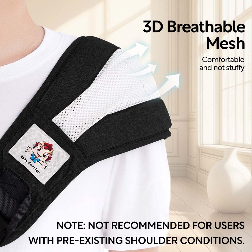 Baby Sling Carrier with Hip Seat - Breathable & Adjustable, Anti-Slip Design for Infants 0-36 Months, ASTM Certified, Ergonomic Hands-Free Carrier Carrying 8-35lbs (Black)
