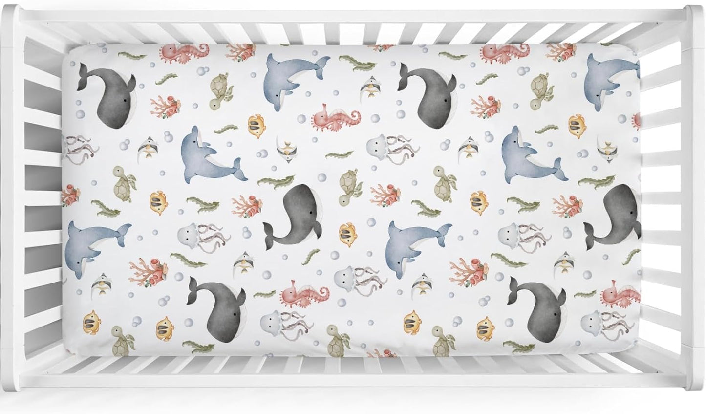 Boho Sea Animals Baby Crib Fitted Sheet 52''x28'' Whale Dolphin Jellyfish Sea Horse Turtle Fish Coral Snug Fitted Crib Mattress Cover for Boy Girl Soft Bed Sheets for Standard Crib Toddler Mattress