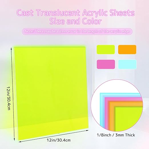 Adrattnay 4Pcs Acrylic Sheets Fluorescent Neon Colored Acrylic 12 x 12in | 1/8"