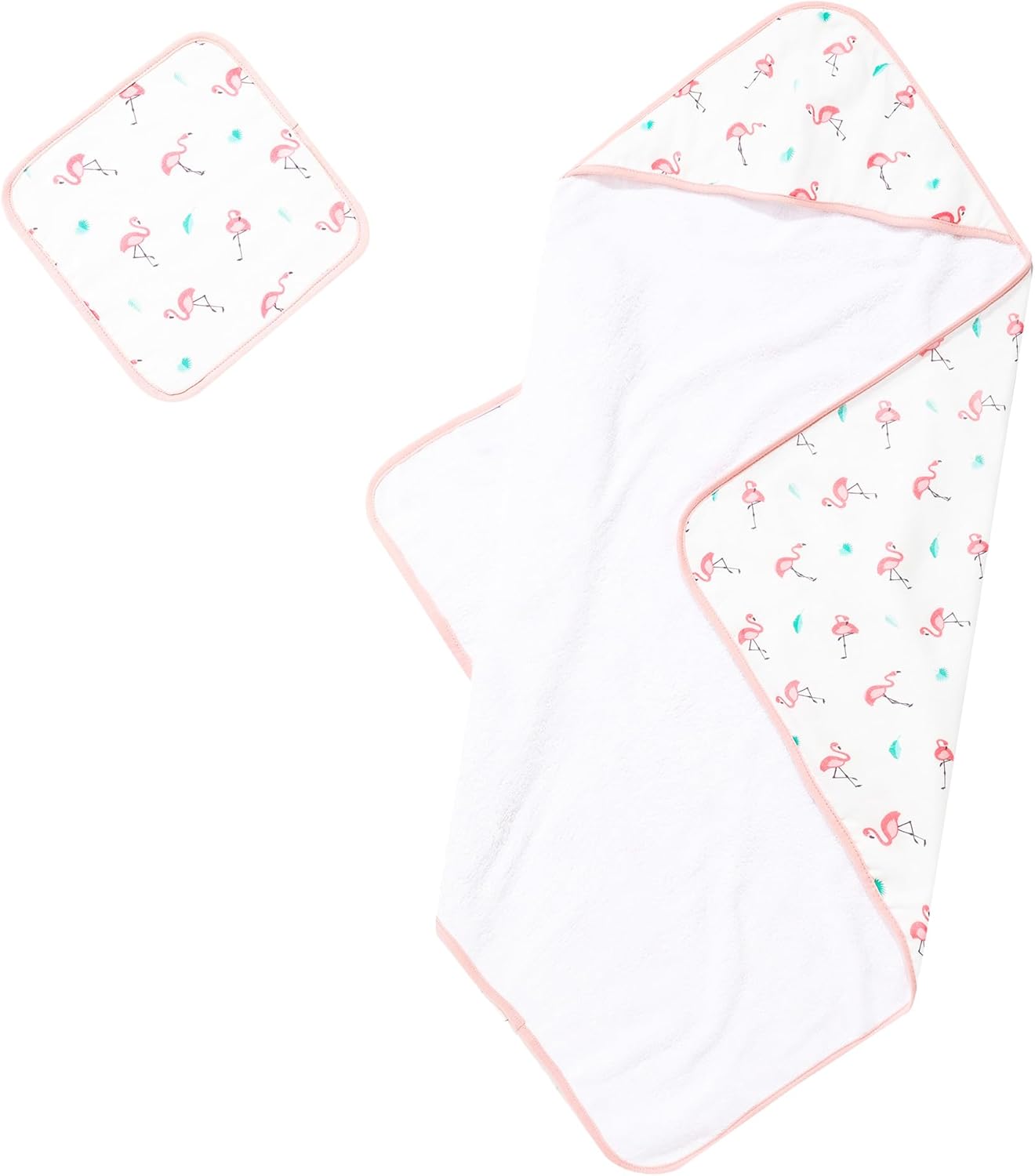 Bamboo Viscose Baby Hooded Towel & Washcloth Set for Babies and Toddlers, Soft & Absorbent, 70% Viscose from Bamboo, 30% Cotton Muslin - Imported (Flamingo)