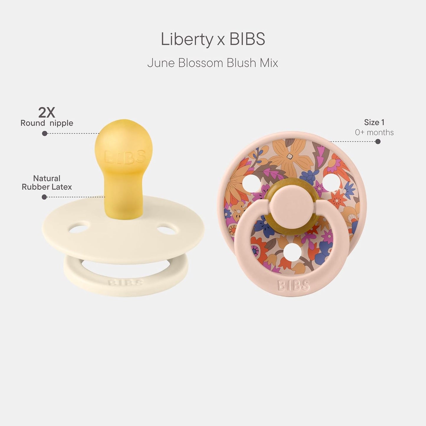 BIBS Colour Liberty Soother 2-Pack, BPA Free Dummy Pacifier, Round Nipple. Natural Rubber Latex, Made in Denmark, Size 1 (0-6 Months), June Blossom Blush Mix