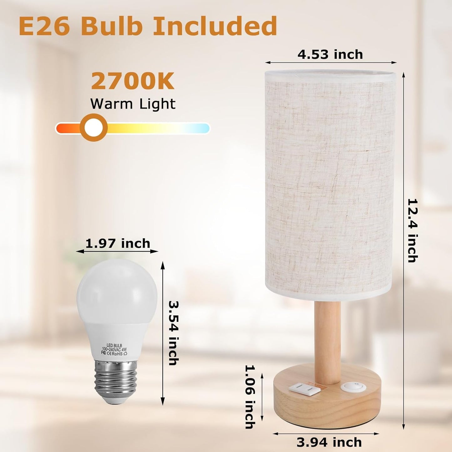 Small Bedside Table Lamp with AC Outlet, Natural Wood Base & Linen Shade, Mini Cute Cozy Warm White Nightstand Boho Lamp, Study Desk Night Stand Light for Bedroom, Kitchen, Nursery, Living Room