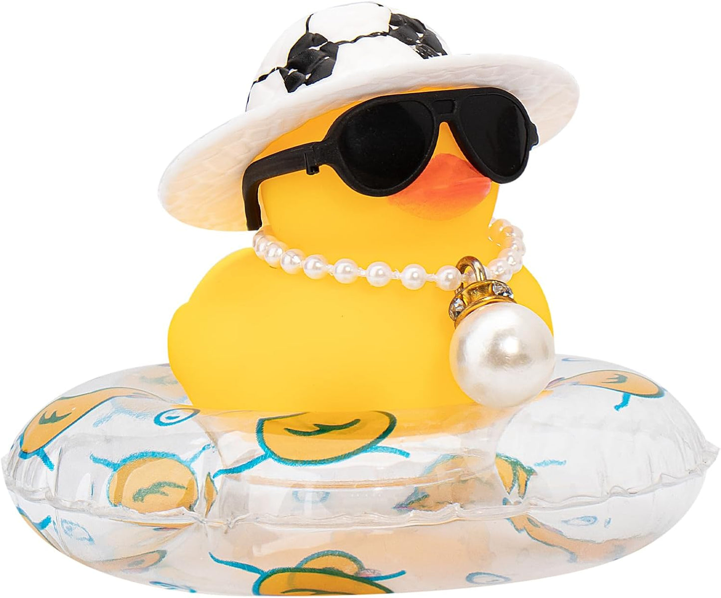wonuu Car Rubber Duck, Yellow Duck Decoration Dashboard with Sun Hat Swim Ring Necklace Sunglasses for Car Dashboard Decorations, Soccer Hat-Transparent-Big Pearl