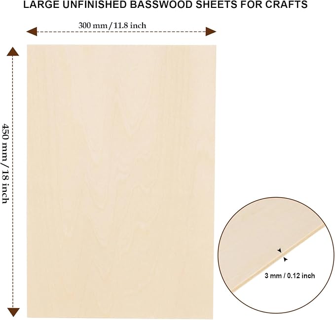 6 Pack Basswood Sheets for Crafts 12"x18"x1/8", 3mm Thick Plywood Sheets Board