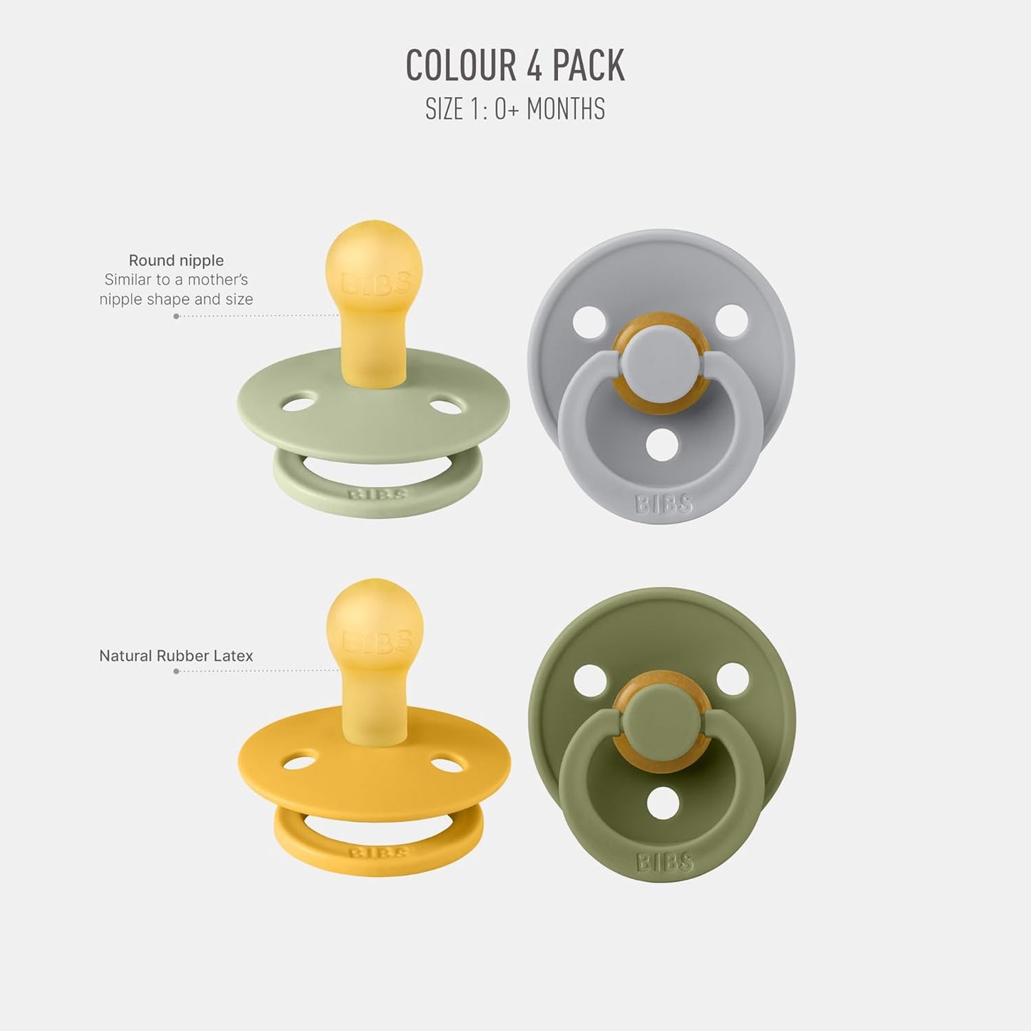 BIBS Pacifiers - Colour 4 Pack | Round Nipple Baby Pacifier | BPA Free Natural Rubber Latex Soother | Made in Denmark | Size 0-6 Months | Garden Colors