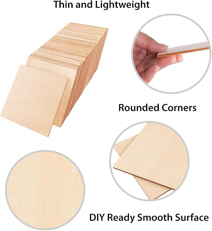 50 Pack Unfinished Wood Squares 4"x4"x1/8" Blank Thin Basswood Sheets
