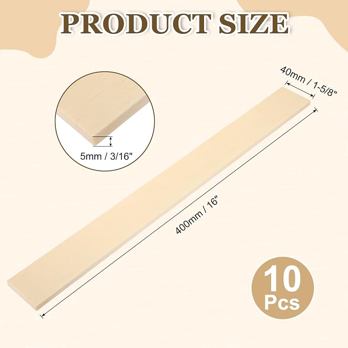 MECCANIXITY 10Pcs Wood Strips Slats, 3/16" x 1‑5/8" x 16" Thin Wood Sticks Flat