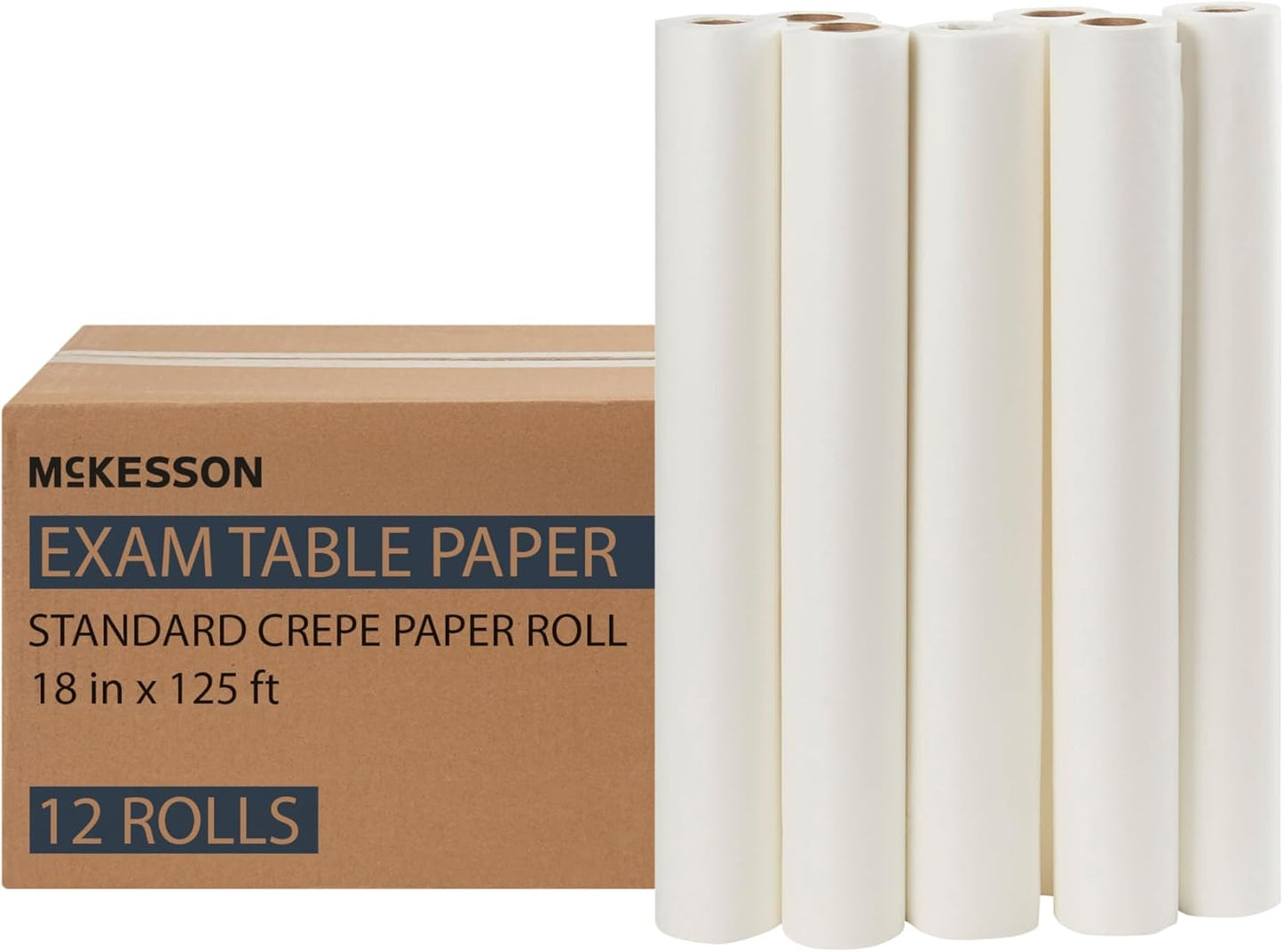McKesson Medical Exam Table Paper [12 Rolls] – Bed Table Sheet Cover Ideal for Diaper Changing, Waxing, Nursing, Chiropractor, Patternmaking, Tracing - Standard Crepe Paper Roll - White, 18 in x 125