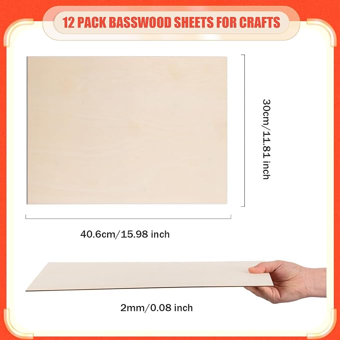 AWIZOM 12 Pack Basswood Sheets for Crafts 12 x 16 x 1/16 Inch-2 mm Thick